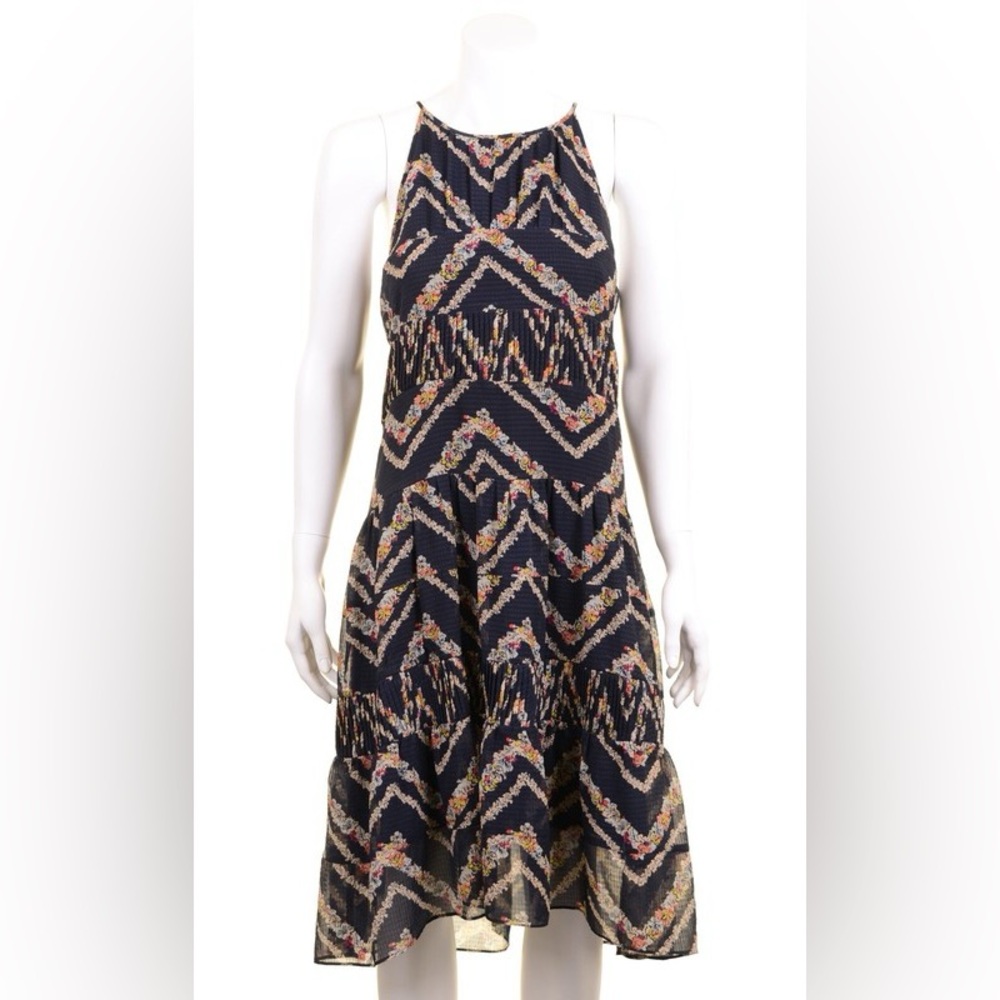 Anthropologie HD in Paris Womens Blue Floral Puckered Tiered Trapeze Dress S